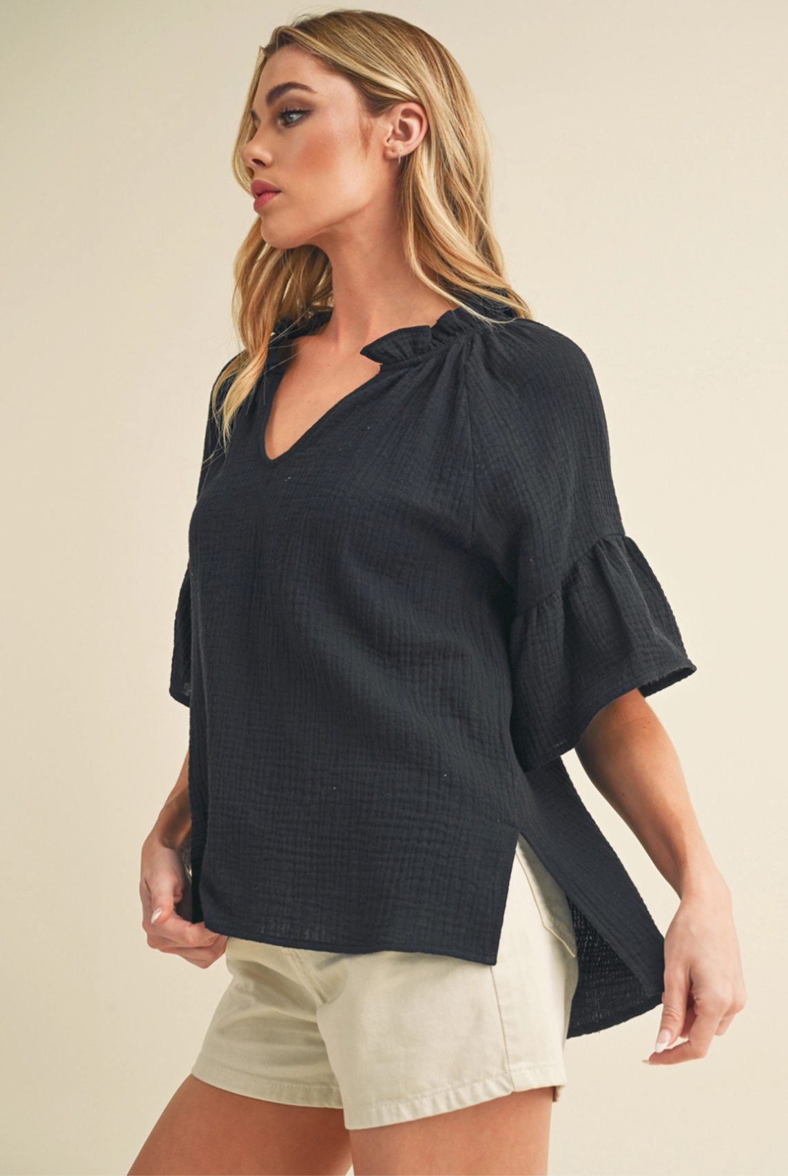 Black Ruffle Sleeve Top