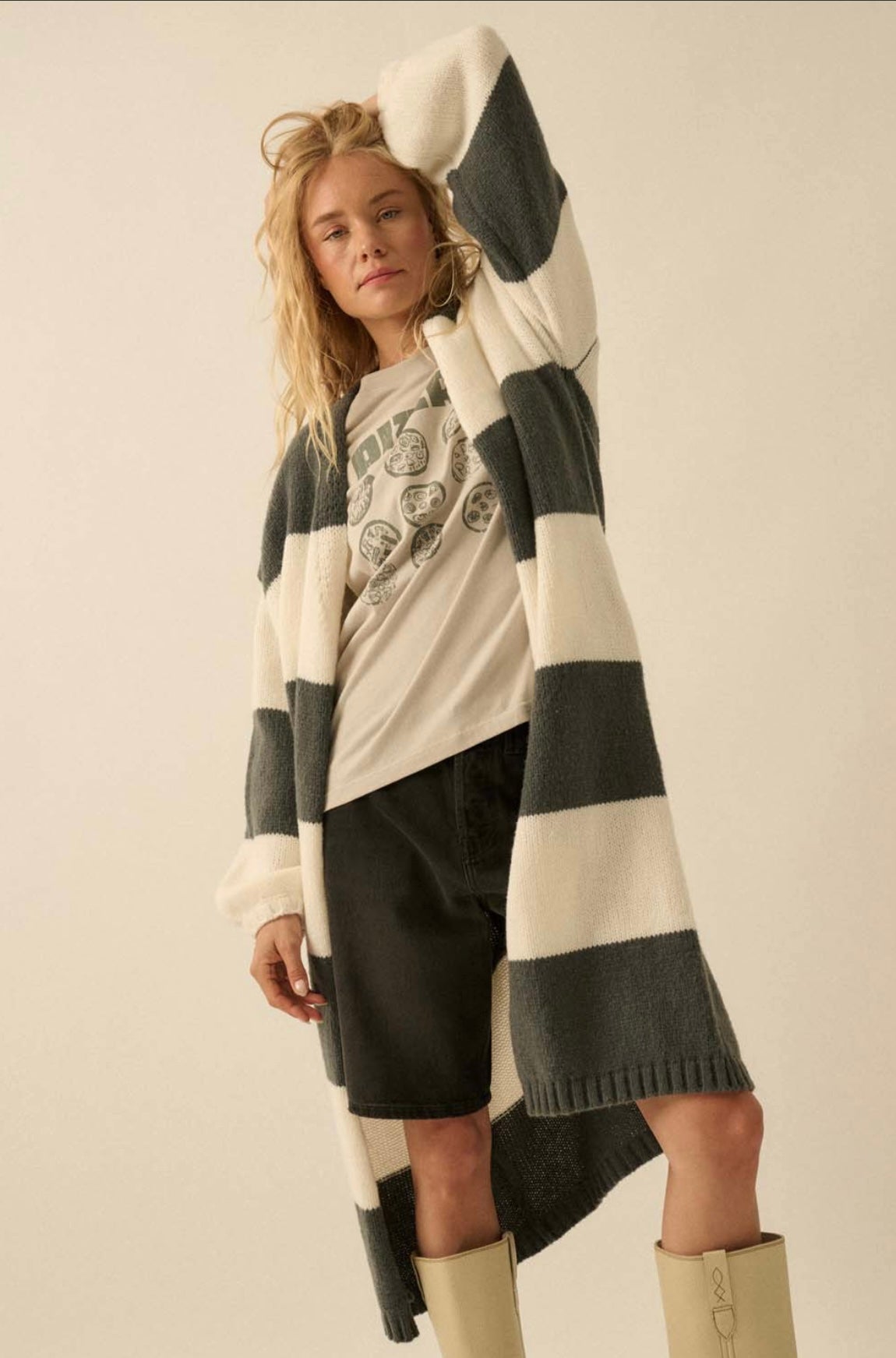 Cream & Grey Stripped Cardigan