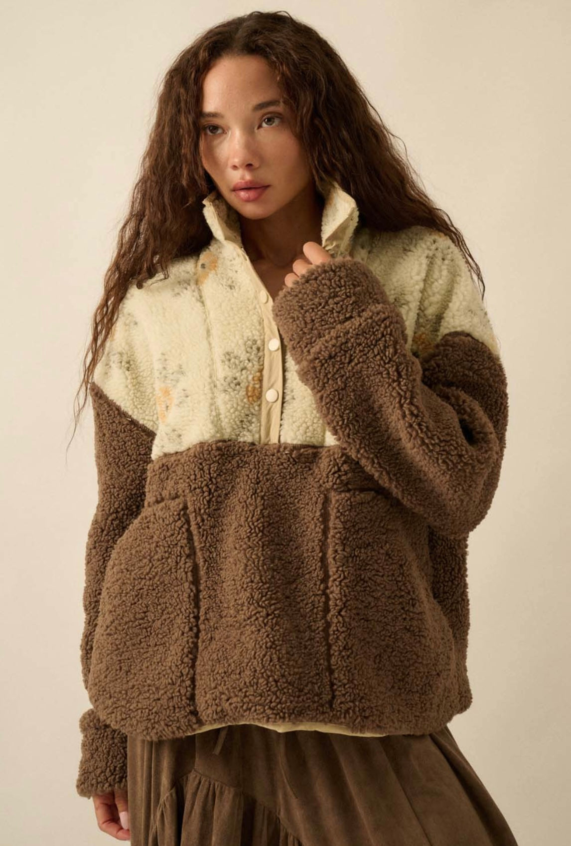 Brown Fall Floral Sherpa Sweater