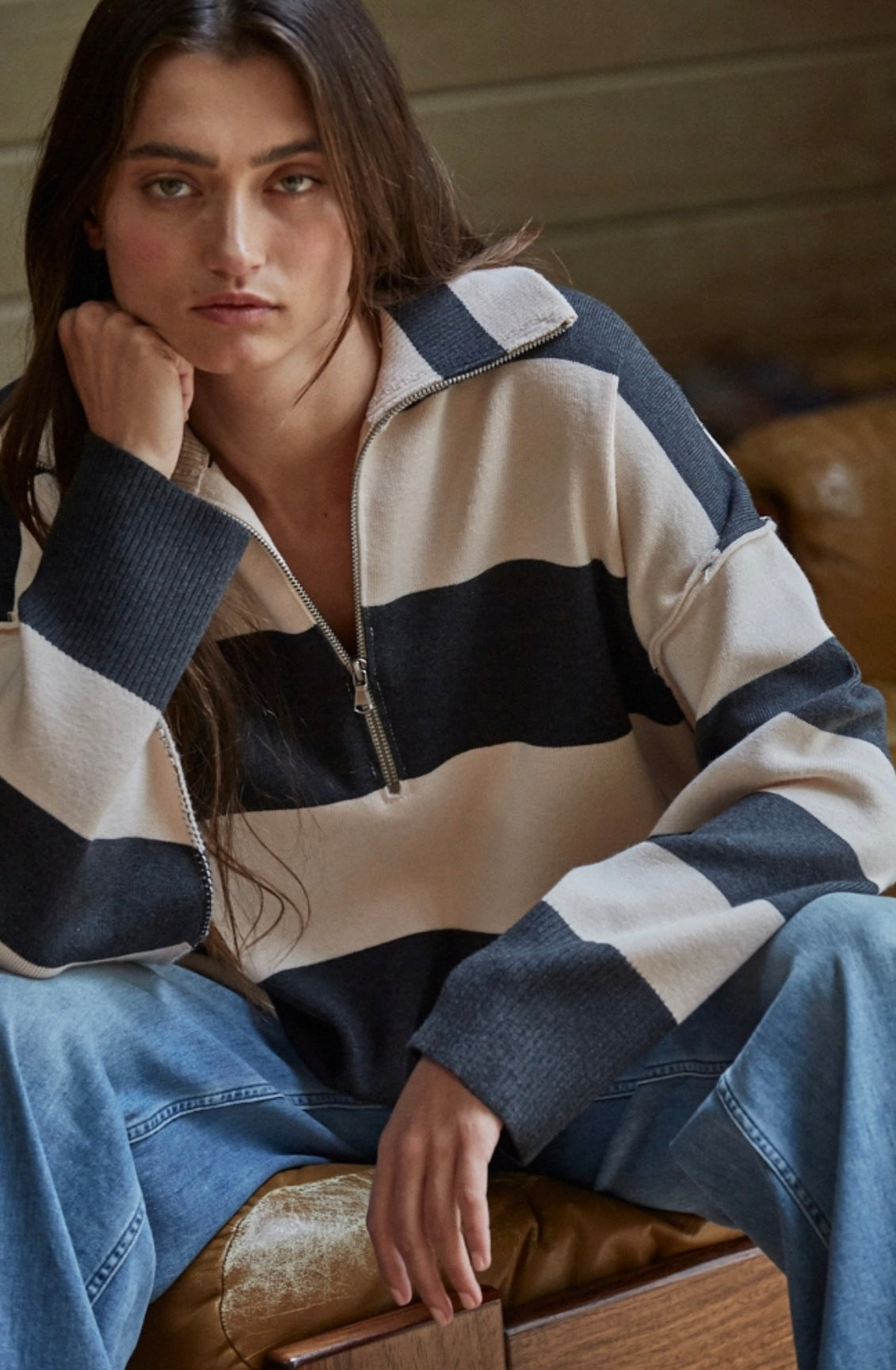 Charcoal knit striped half zip sweater