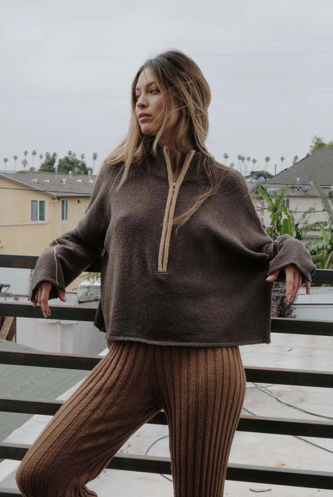 Brown Knit Half Zip Sweater