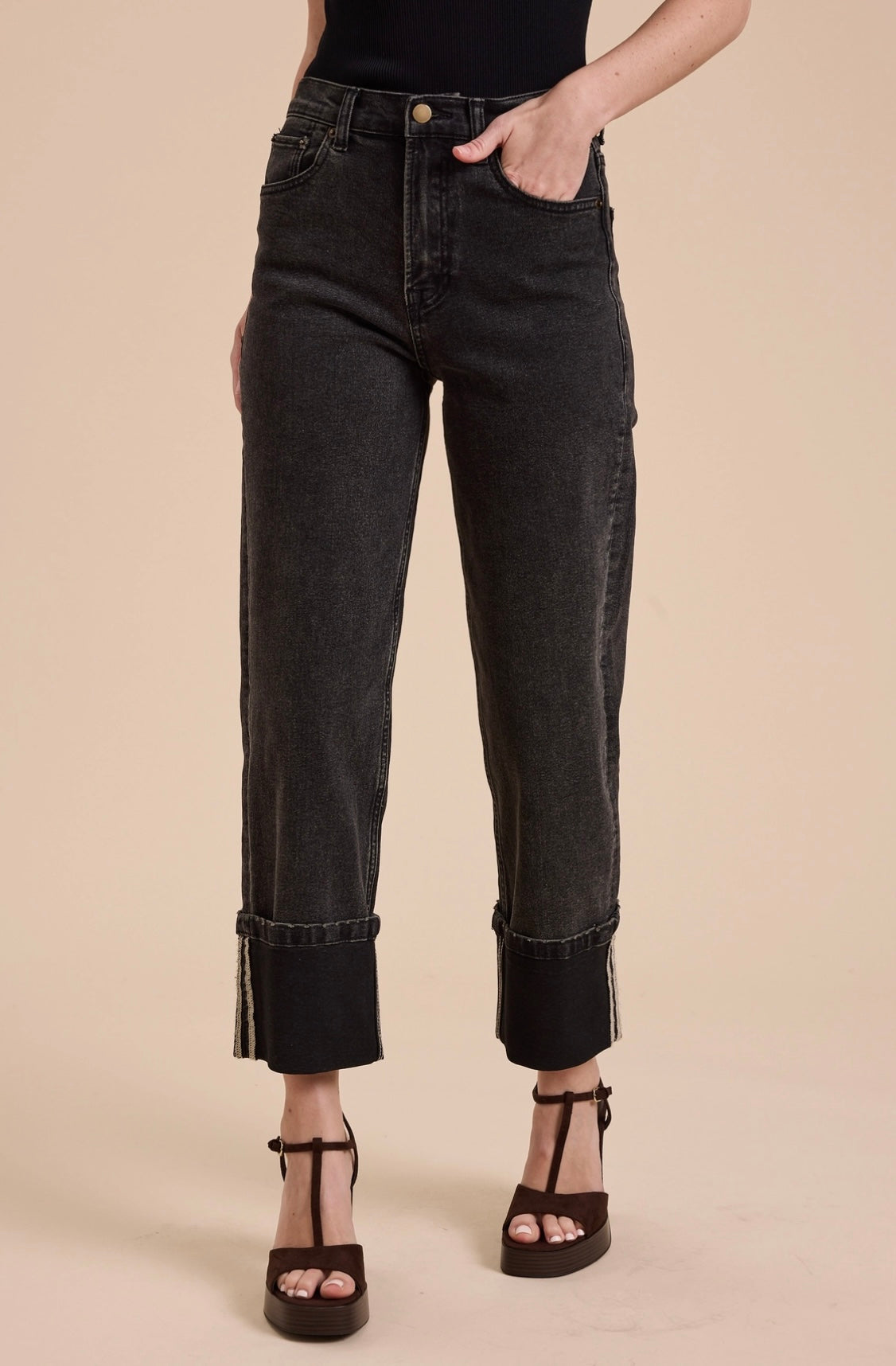 Cuffed Black Denim Pants