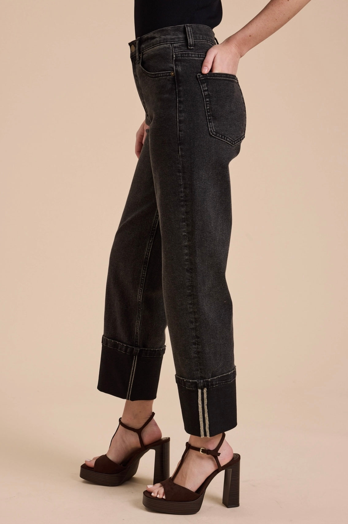 Cuffed Black Denim Pants