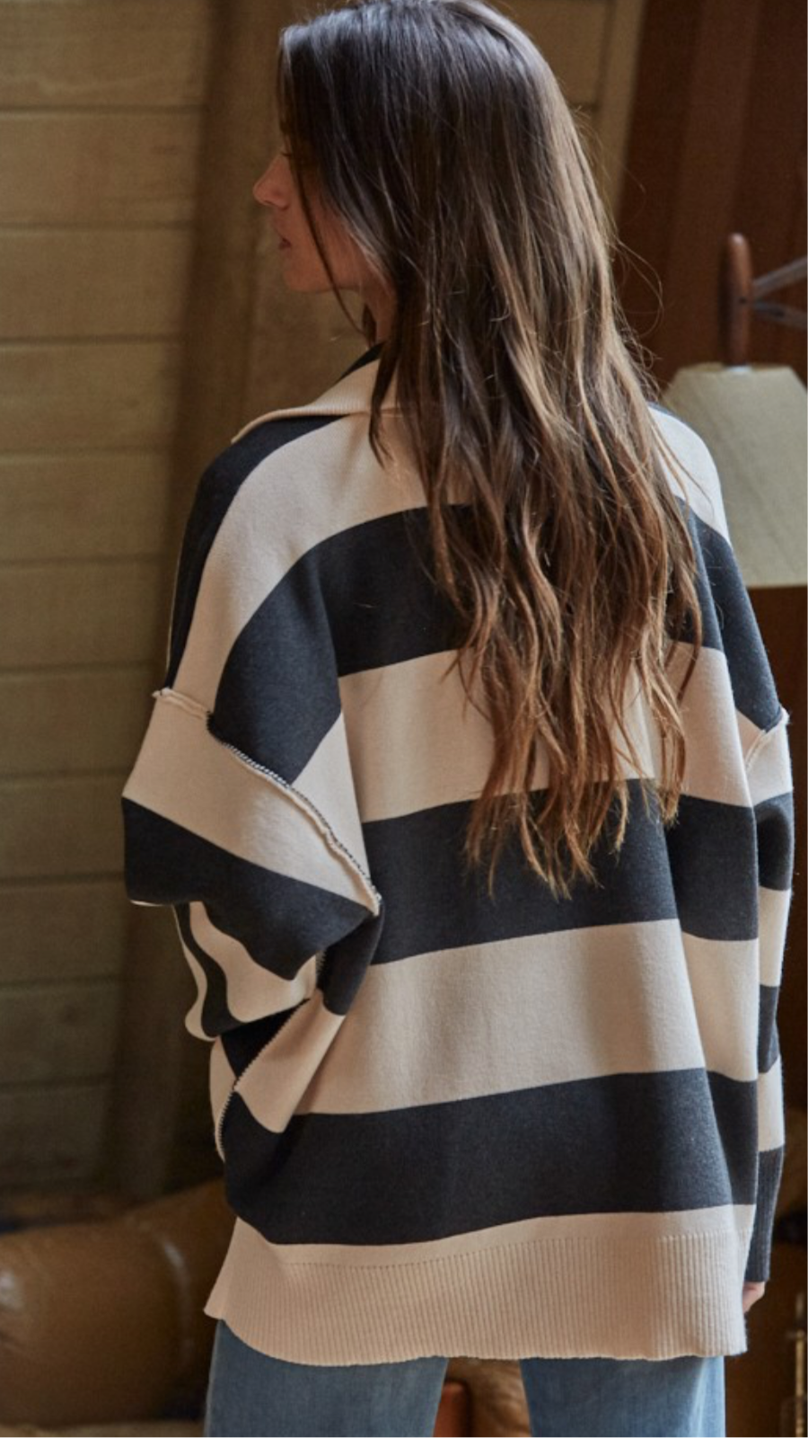 Charcoal knit striped half zip sweater