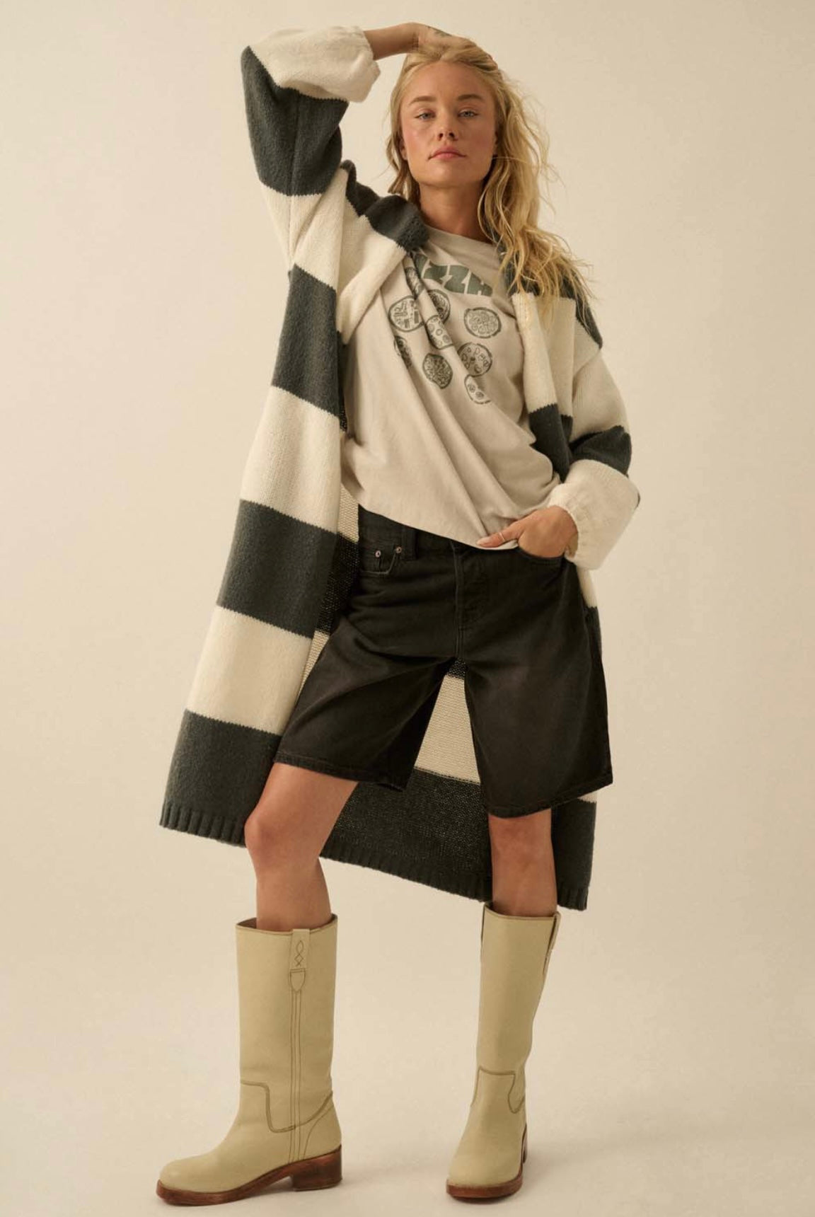 Cream & Grey Stripped Cardigan