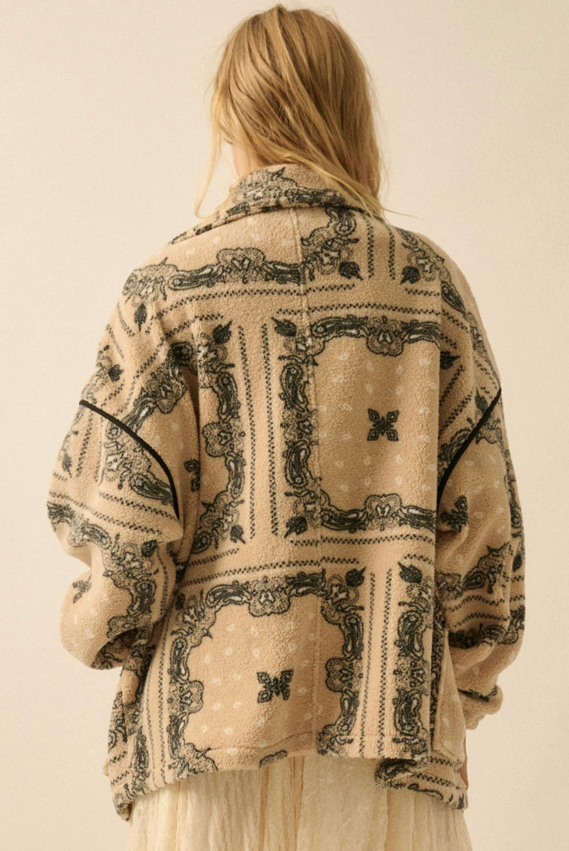Tan/Black Printed Zip Up Sweater