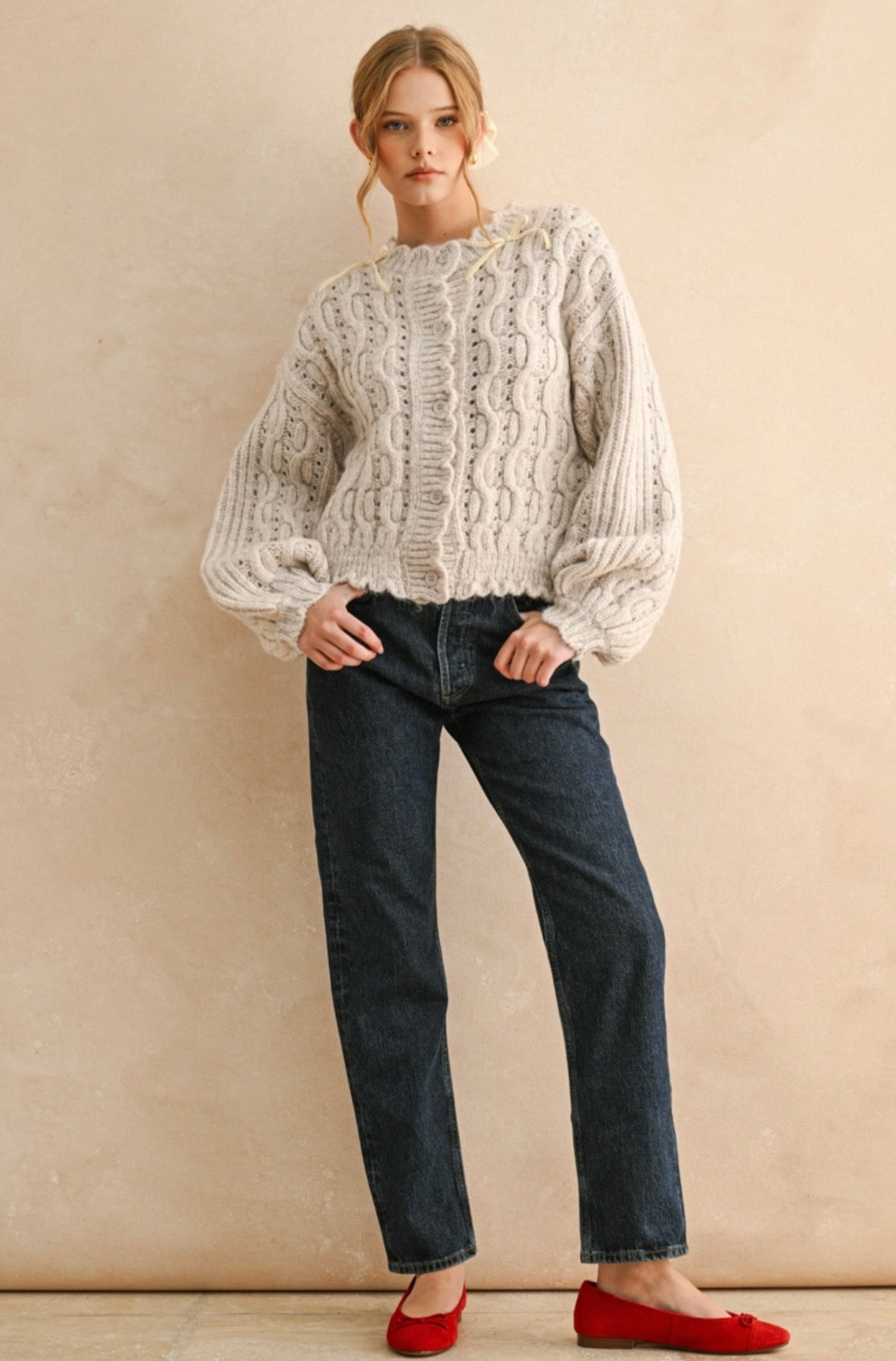 Cream Scalloped Bow Cardigan
