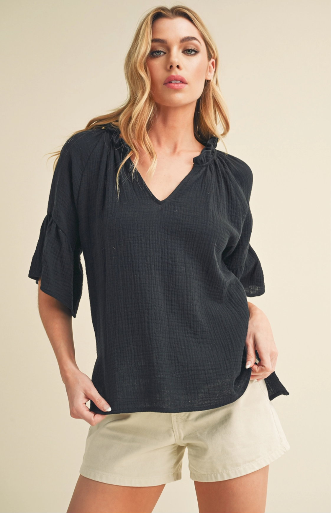 Black Ruffle Sleeve Top