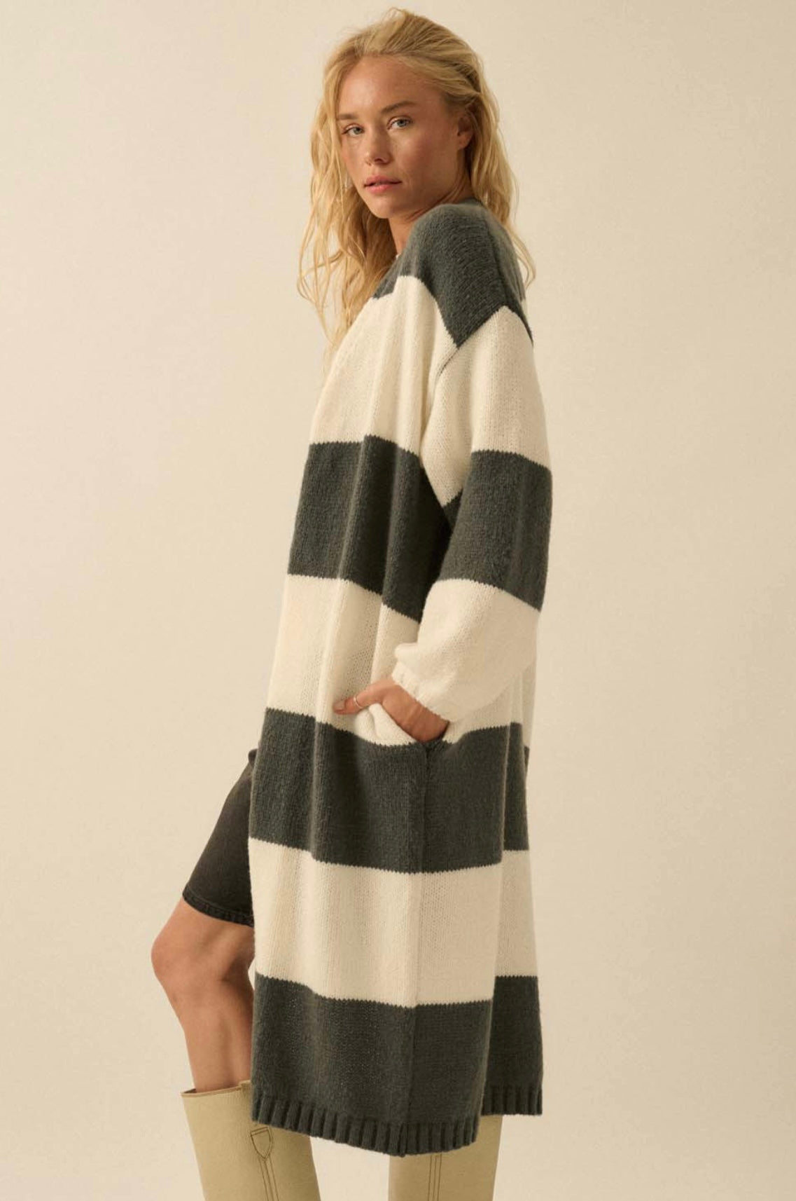 Cream & Grey Stripped Cardigan