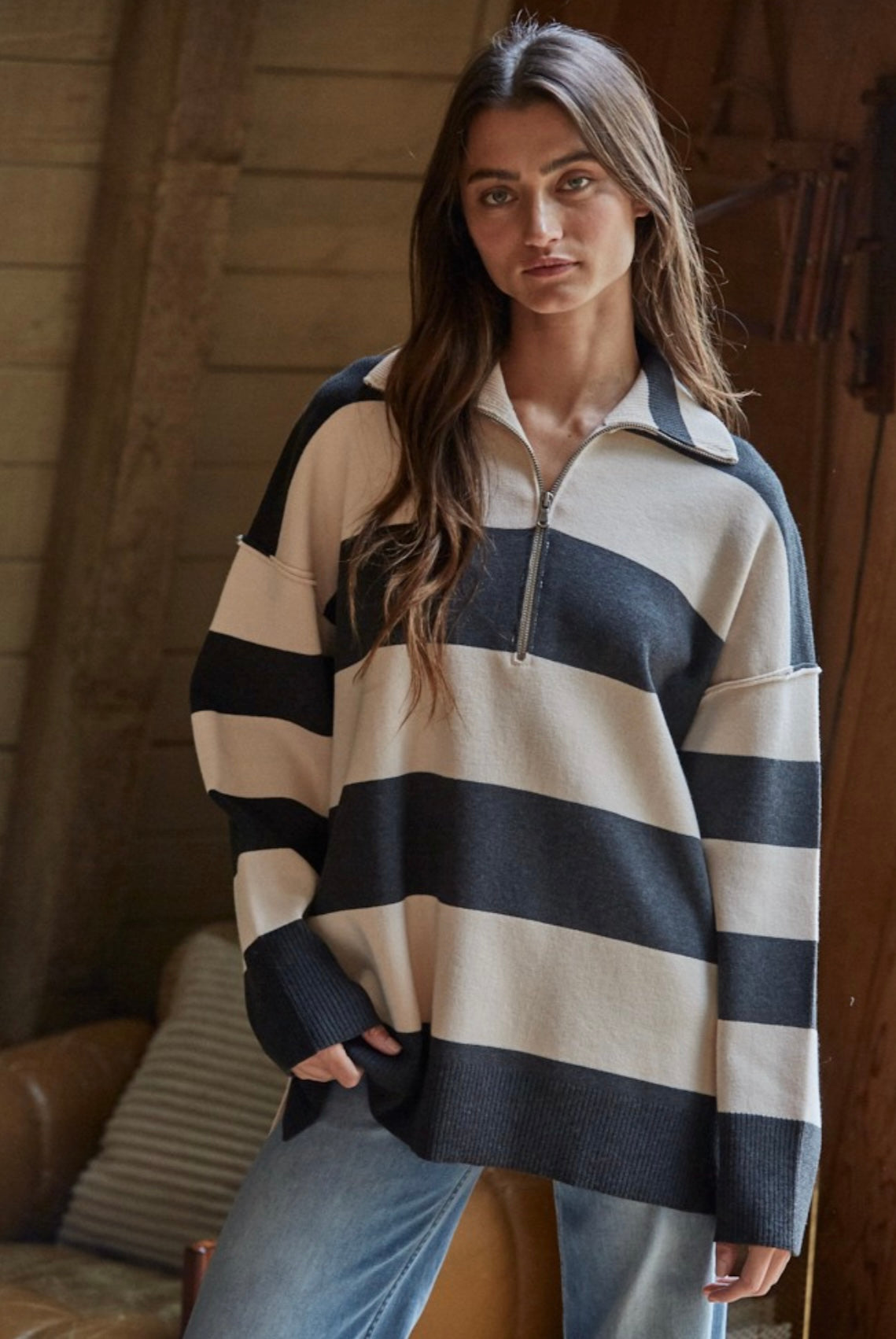 Charcoal knit striped half zip sweater