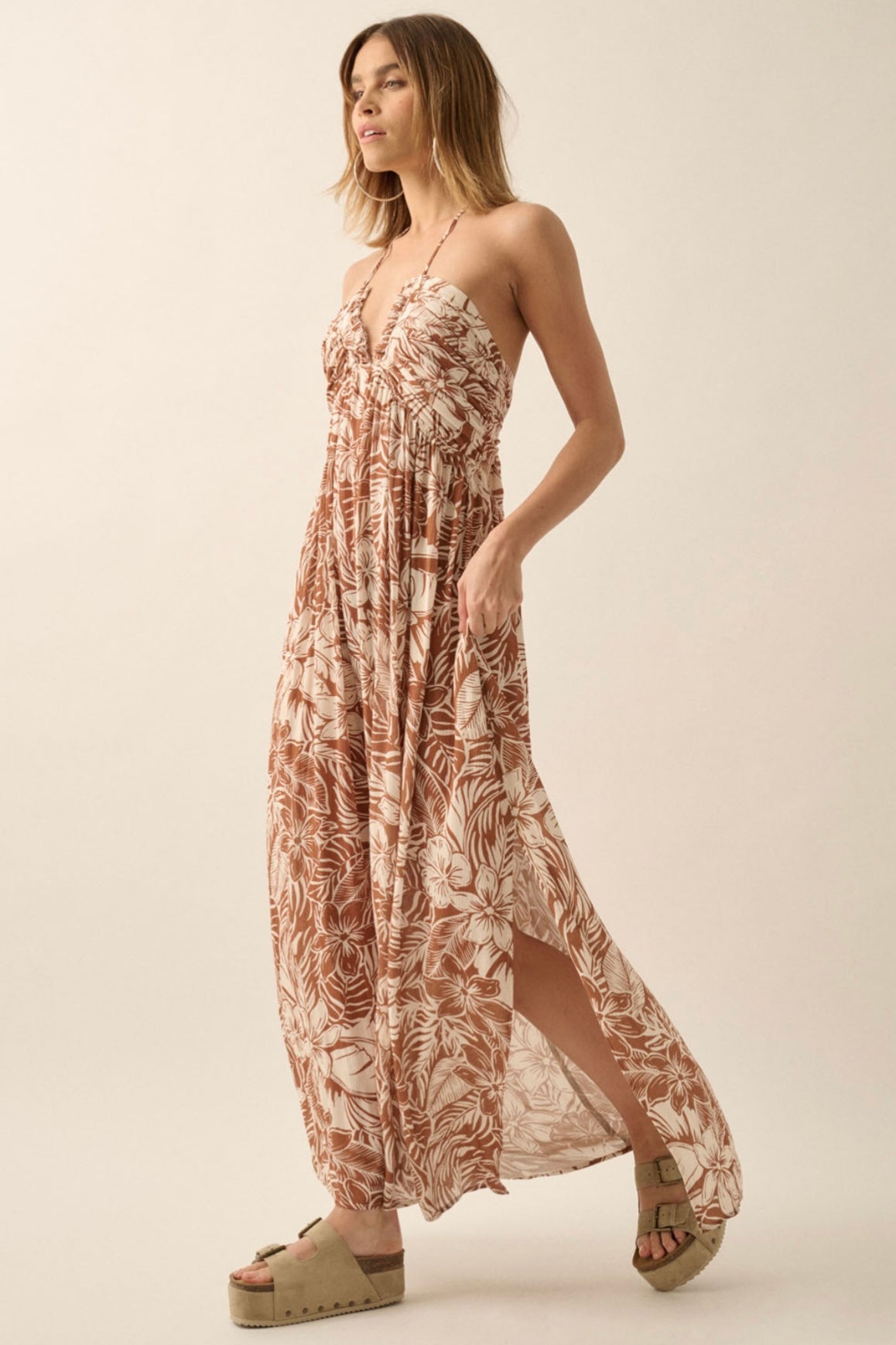 Rust Floral Plunging Neck Maxi