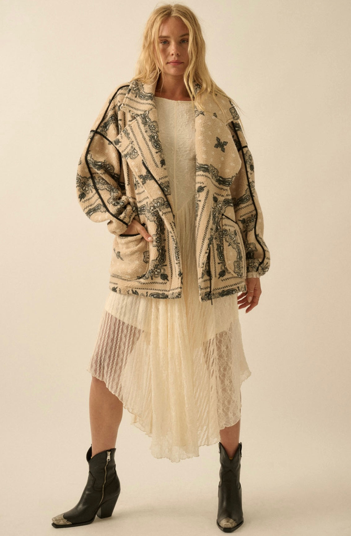 Tan/Black Printed Zip Up Sweater