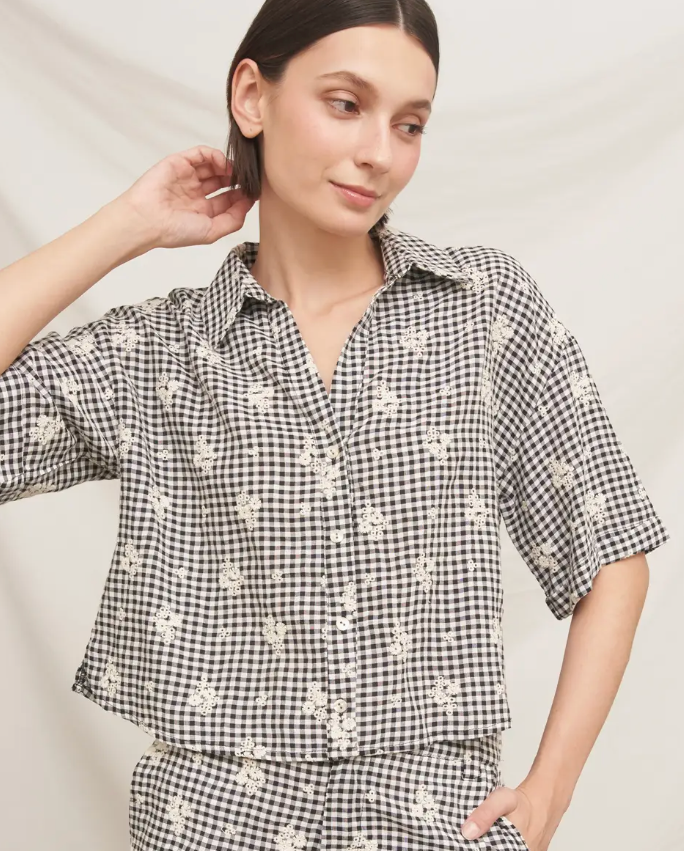 Floral Black & White Gingham Top