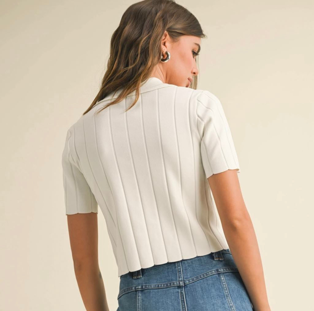 White Ribbed Collar Top