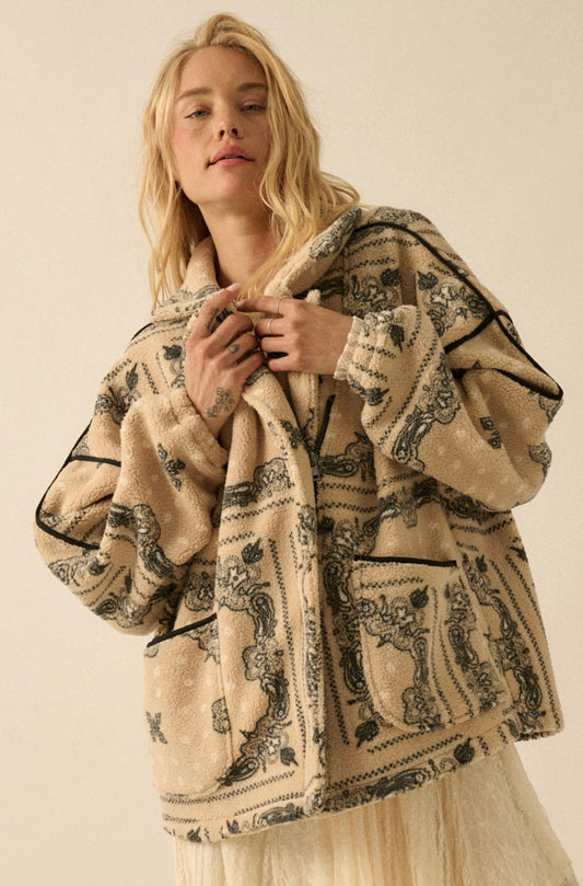 Tan/Black Printed Zip Up Sweater