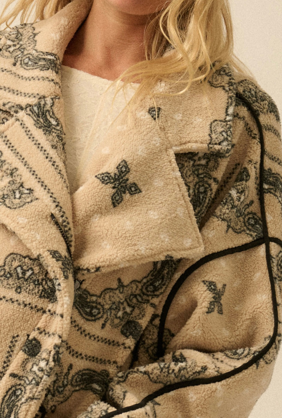 Tan/Black Printed Zip Up Sweater