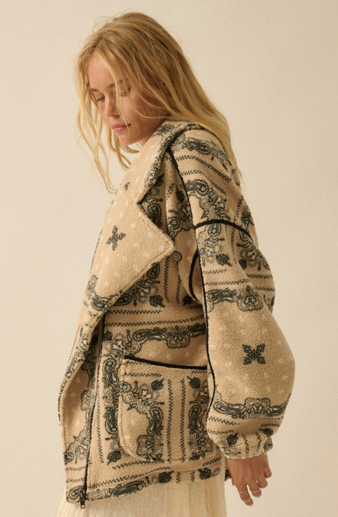 Tan/Black Printed Zip Up Sweater