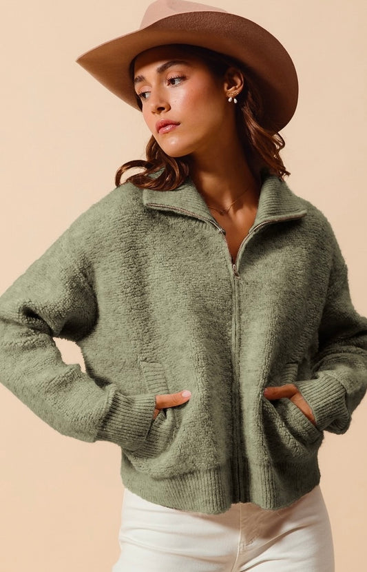 Olive Collared Knit Zip-up