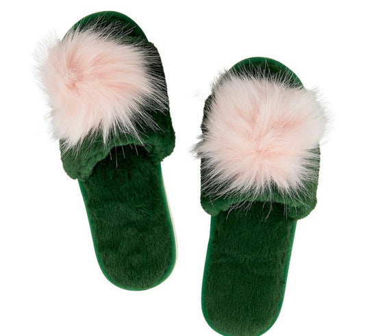 Plush Slippers with Blush Pom Pom