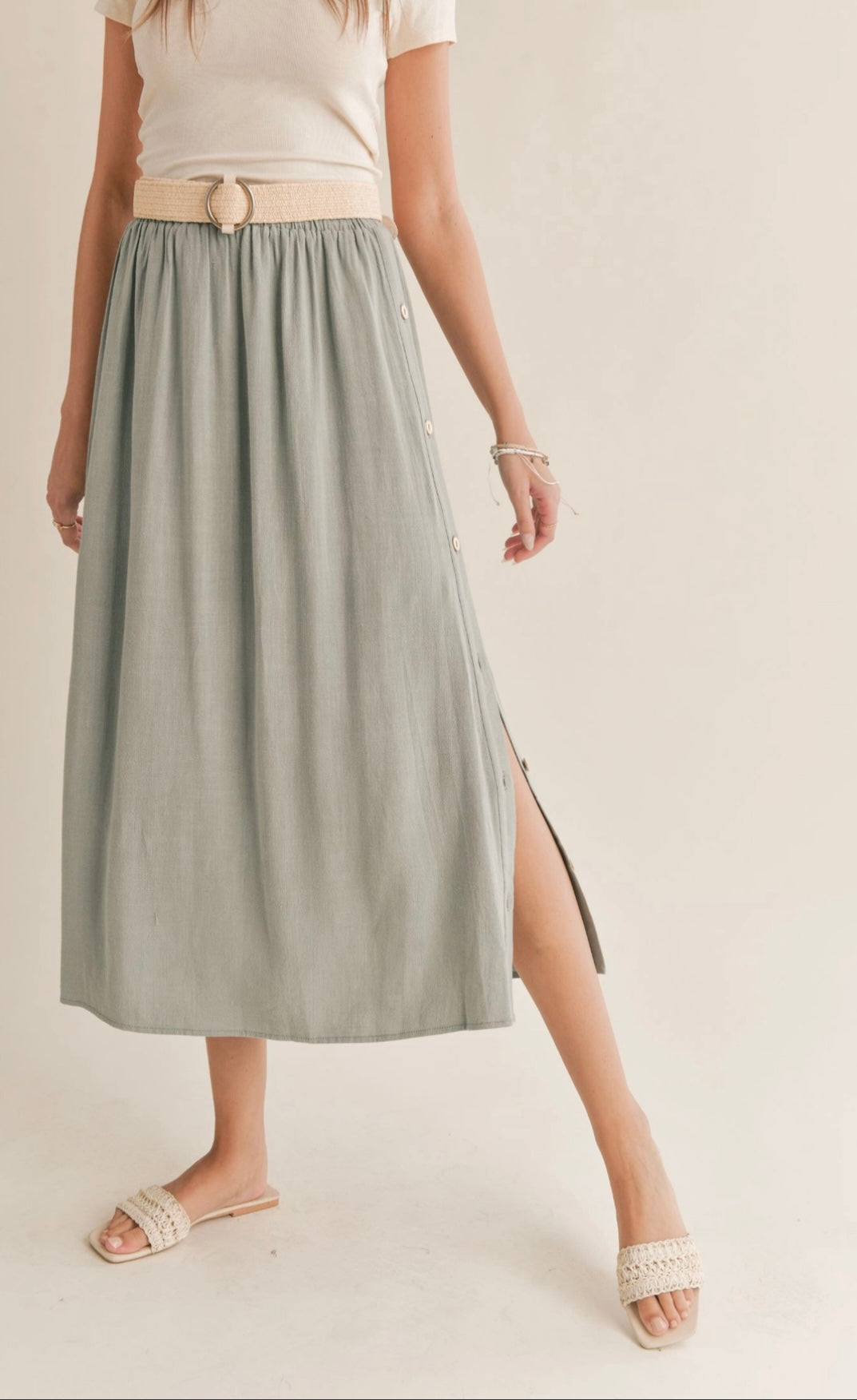 Sea Foam Midi Skirt with Button