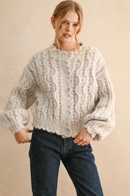 Cream Scalloped Bow Cardigan