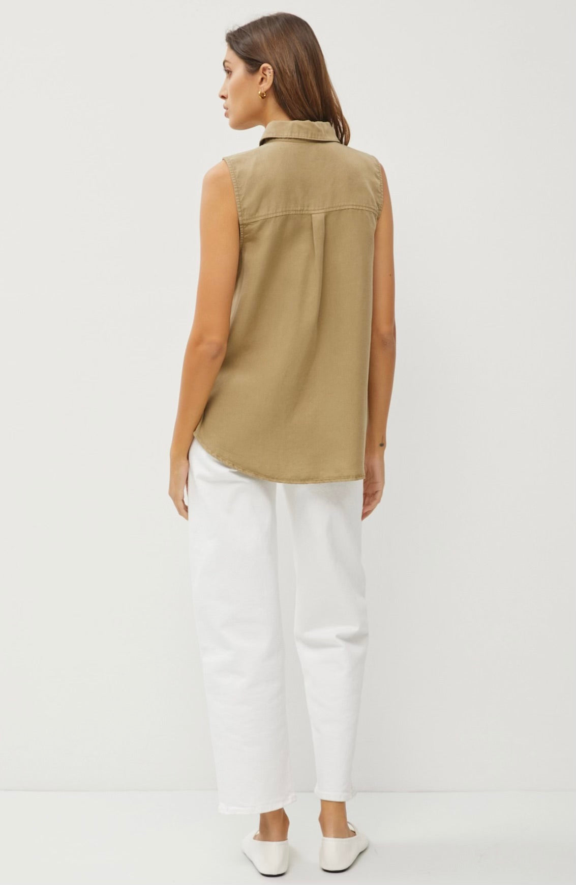 Olive Sleeveless Collared Top