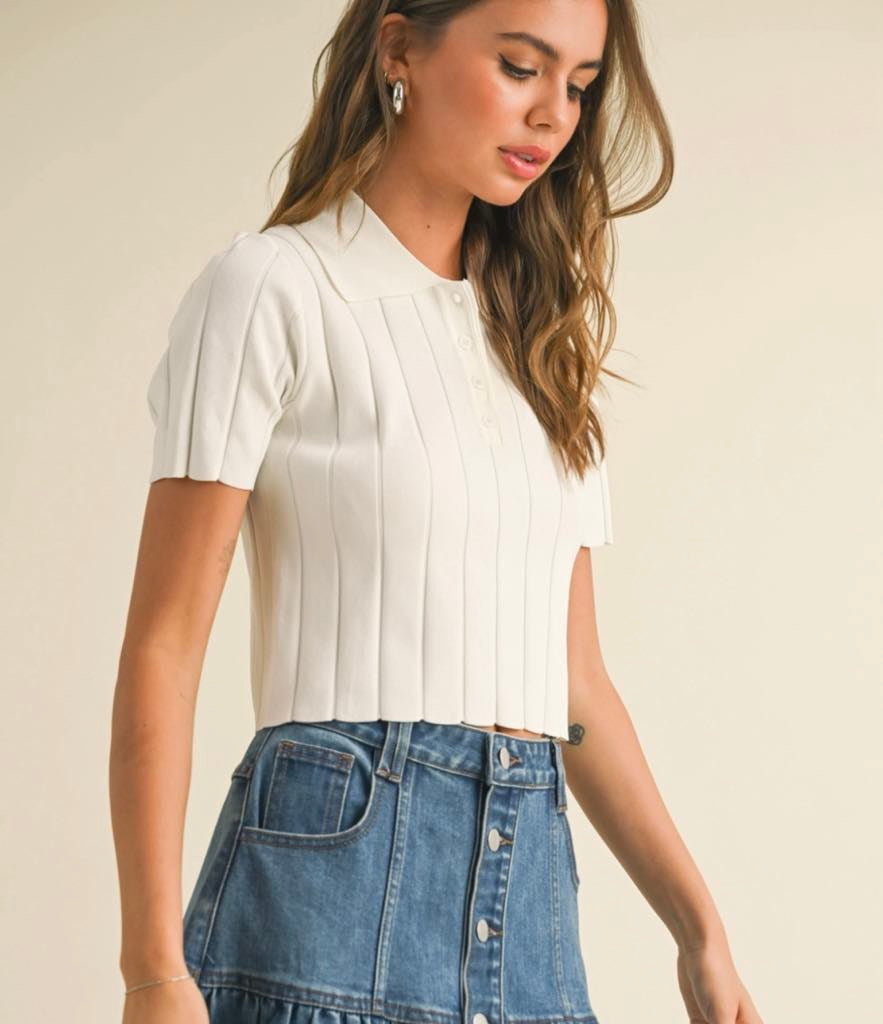 White Ribbed Collar Top