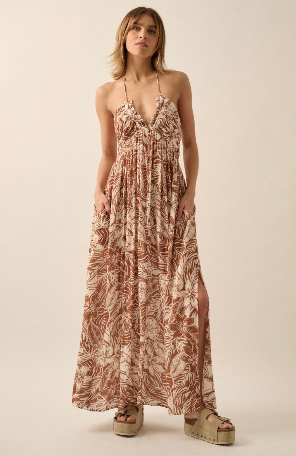 Rust Floral Plunging Neck Maxi