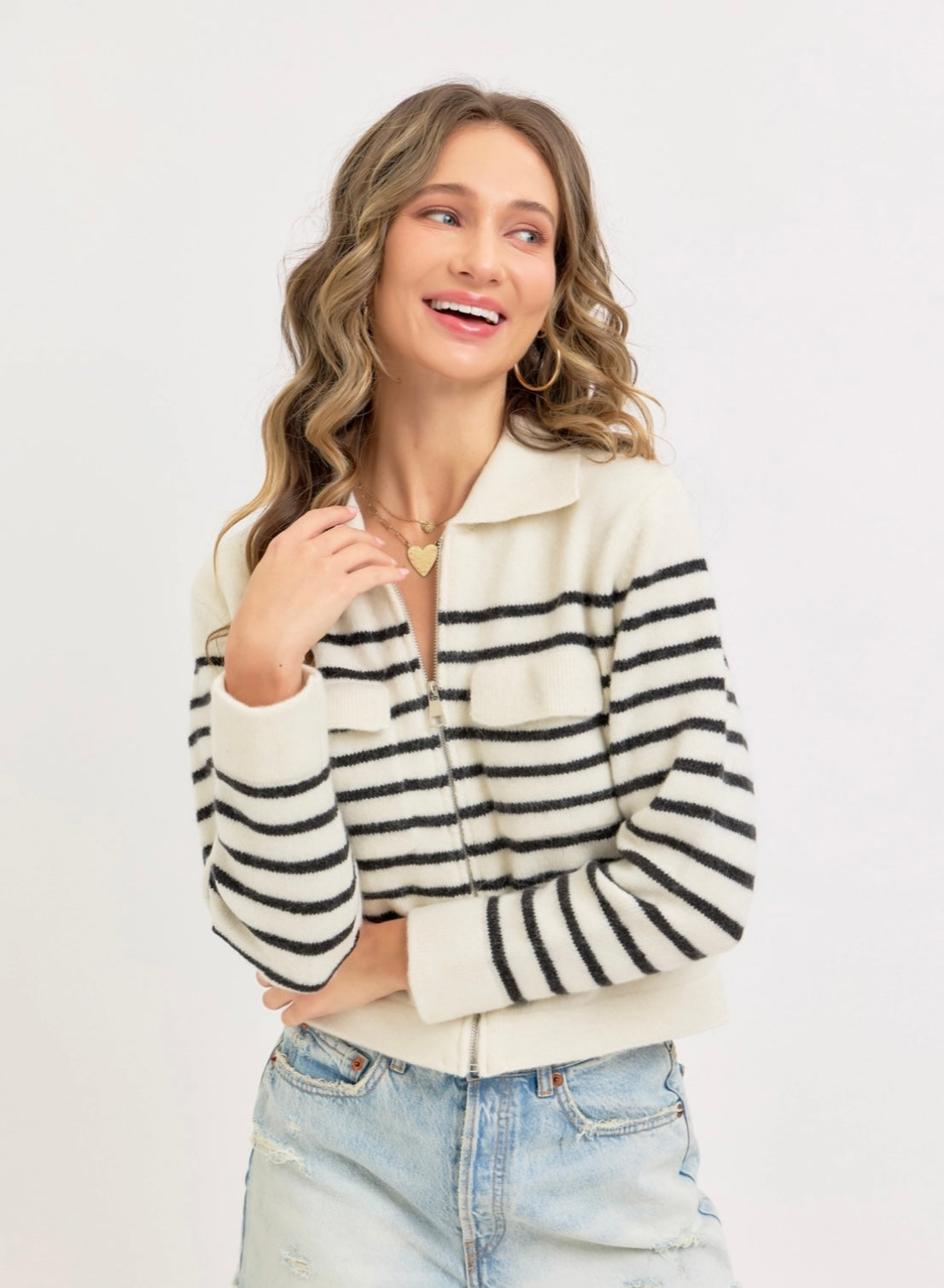 Striped Zipper Knit Sweater