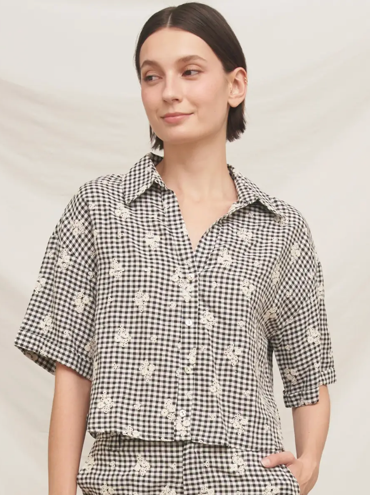 Floral Black & White Gingham Top