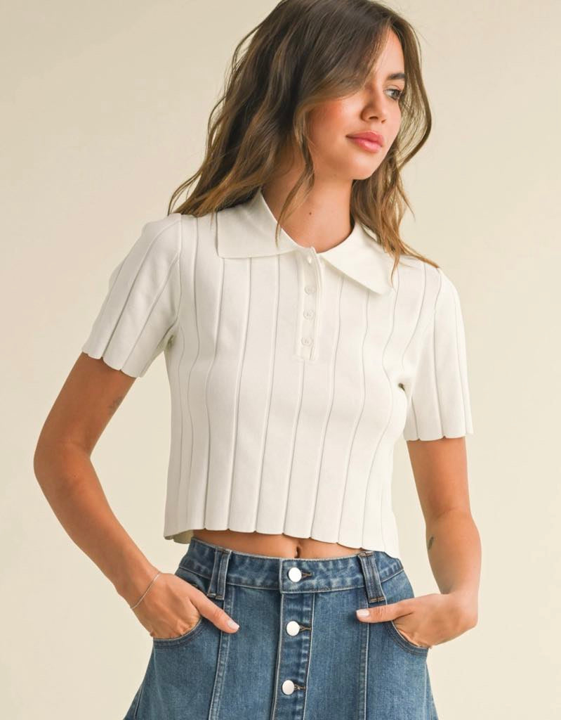 White Ribbed Collar Top