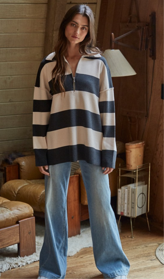 Charcoal knit striped half zip sweater